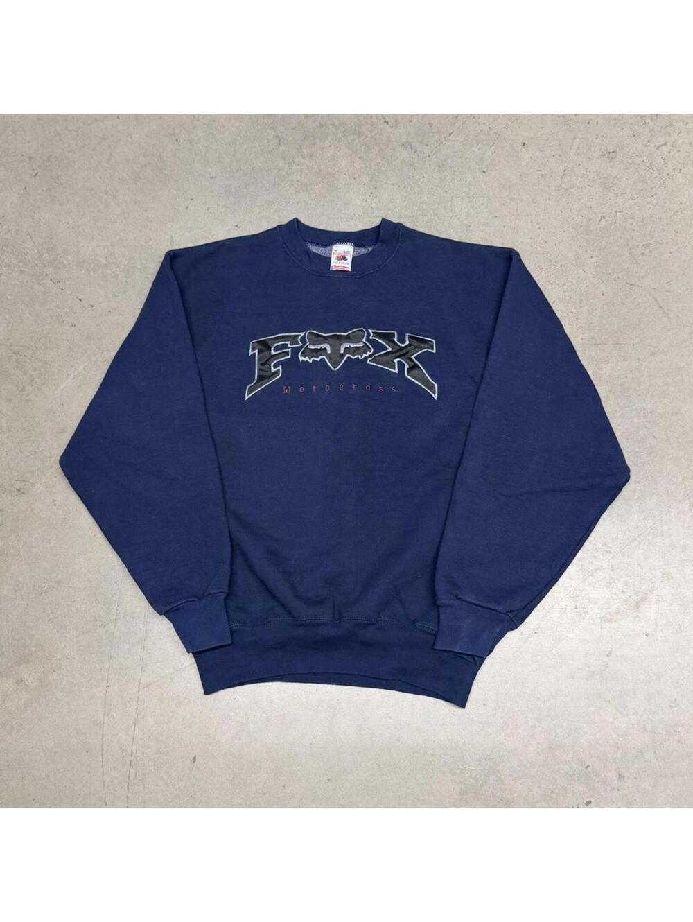 Vintage Fox Motocross Sweatshirt Mens Medium Navy Fruit Of The Loom 90s Y2K USA
